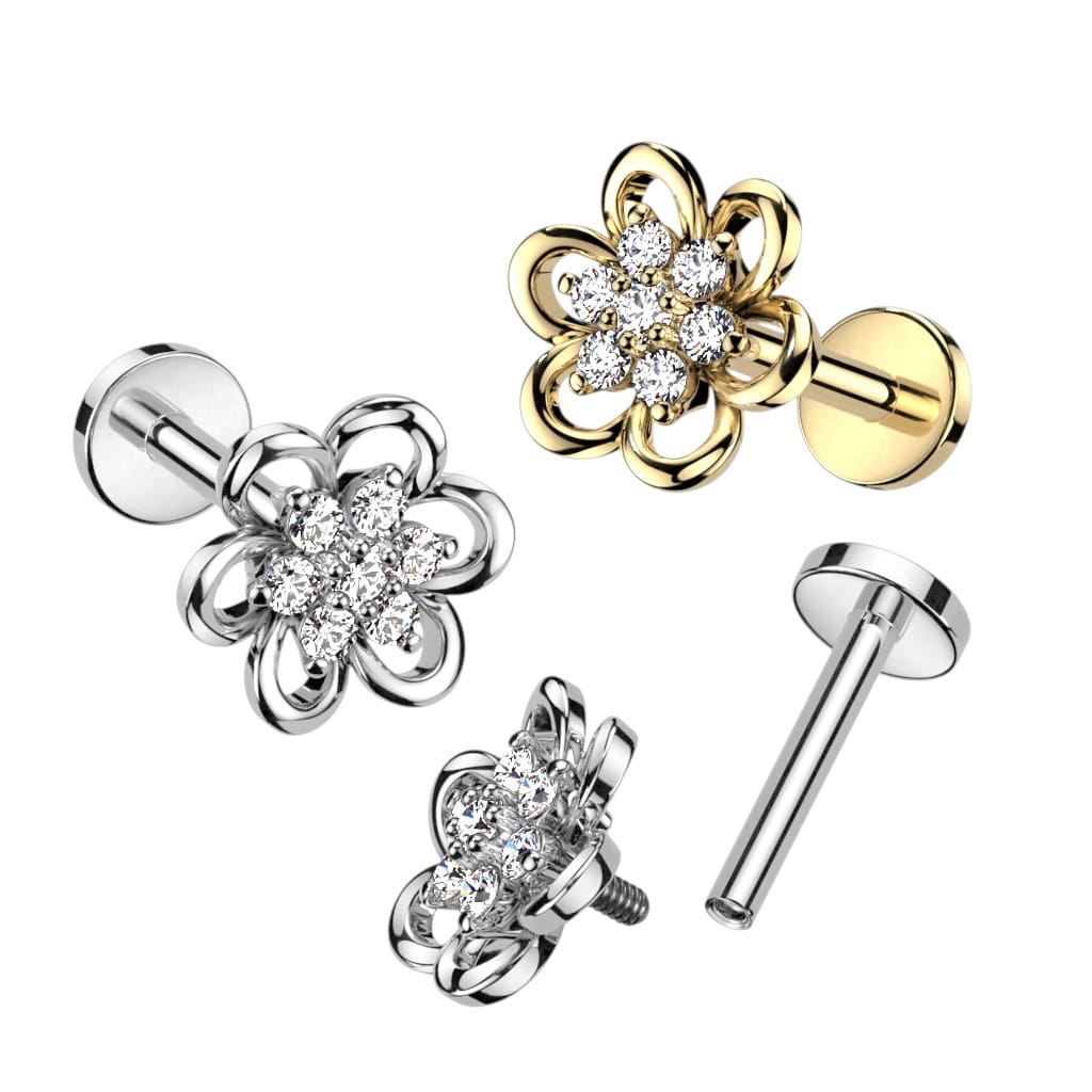Surgical Steel Internally Threaded Labret, Flat Back Stud, Hollow Flower with CZ center Top (LI69)