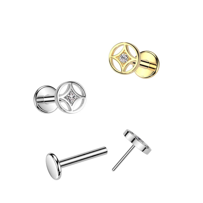 Surgical Steel Threadless Push In Flat Back Stud With 4 Point Star and Round CZ Center Top (ILC15)