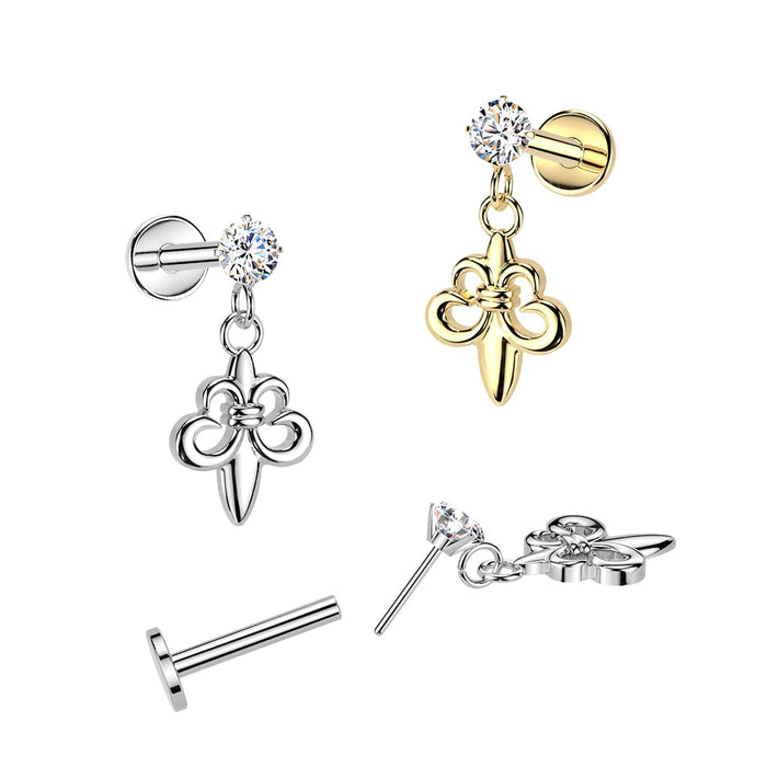 Threadless Push In Flat Back Labret With Prong Set CZ & Fleur De Lis Dangle (ILC27)