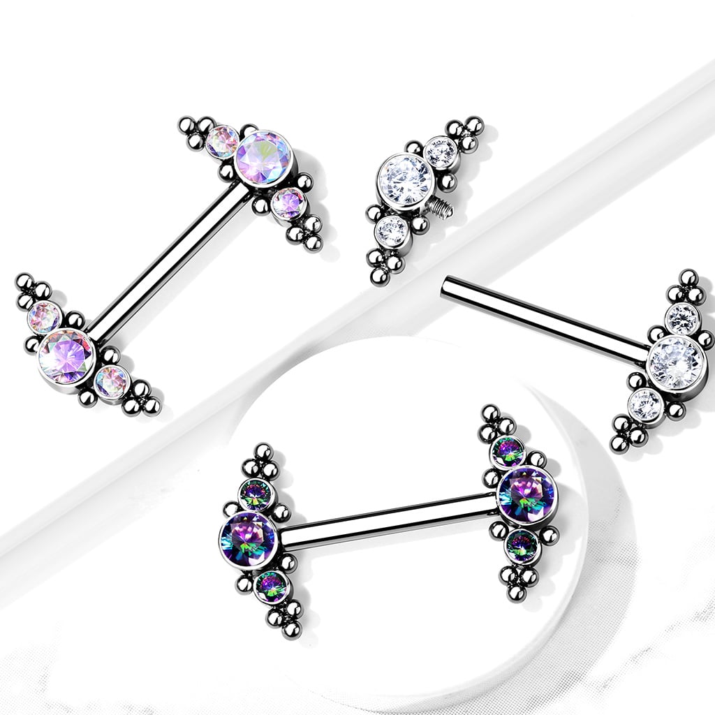 Titanium Internally Threaded Nipple Barbell With Bezel Set CZ and Micro Ball Clusters (TIK09)
