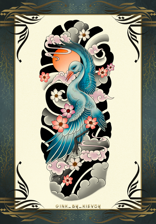 Blue Crane Oriental Art Print