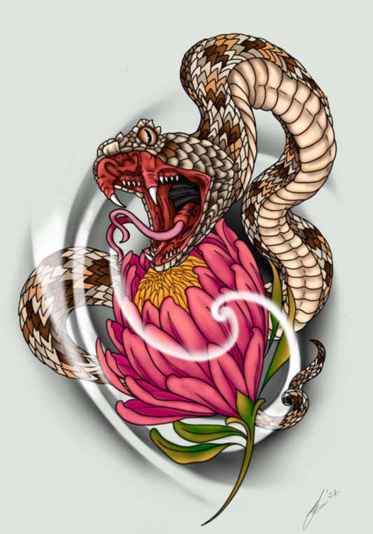 Japanese style Puff-adder & Protea Print