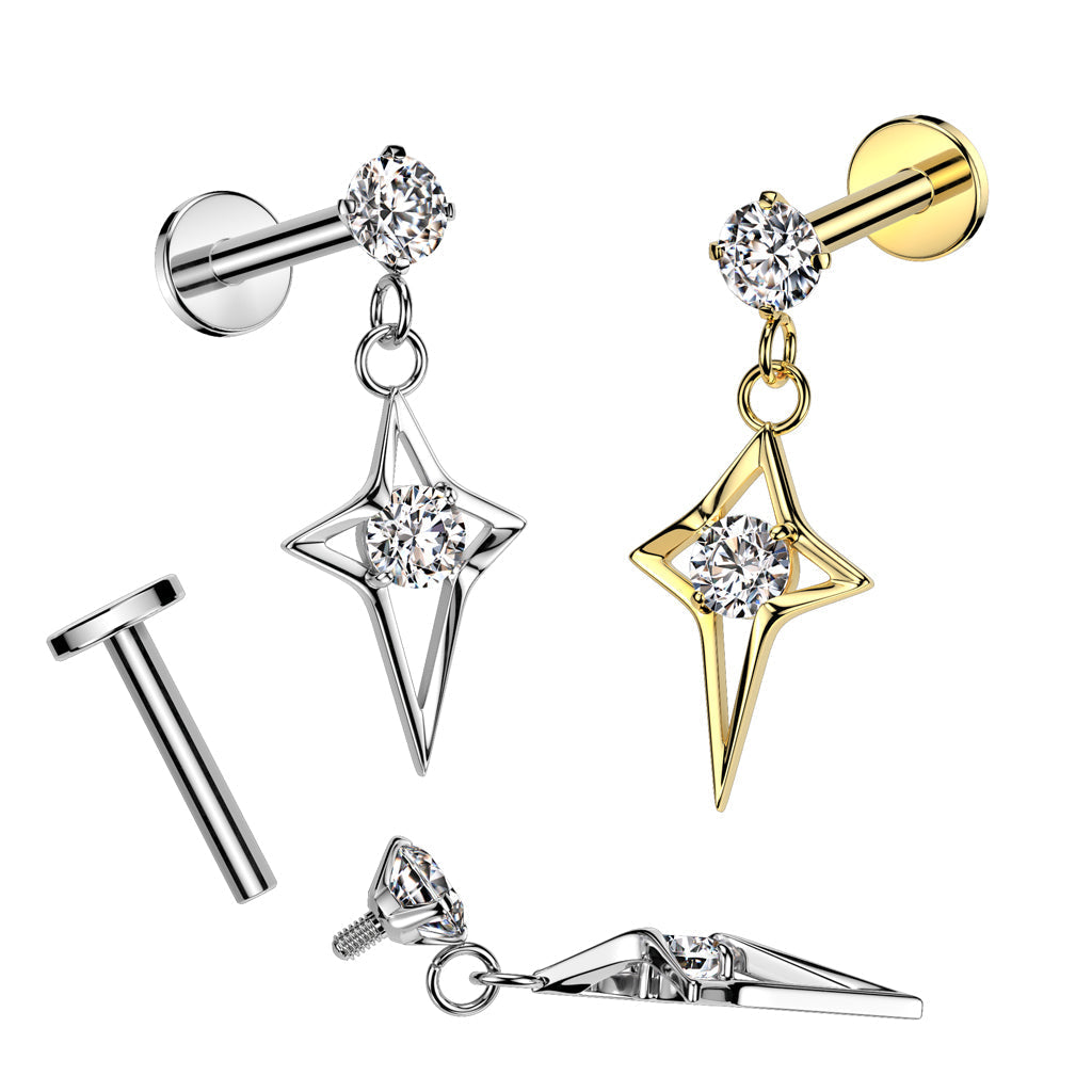 Surgical Steel Internally Threaded Round Prong Set CZ Top With CZ Center Hollow Star Cross Dangle Labret Flat Back Stud (LI70)