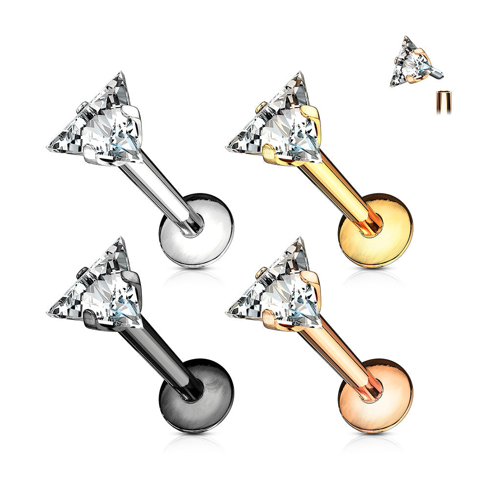 Internally Threaded Triangle CZ Prong Set 316L Surgical Steel Labret