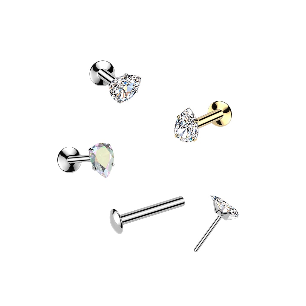 Threadless Flat Back Labret With Push In Prong Set Pear (IL045)