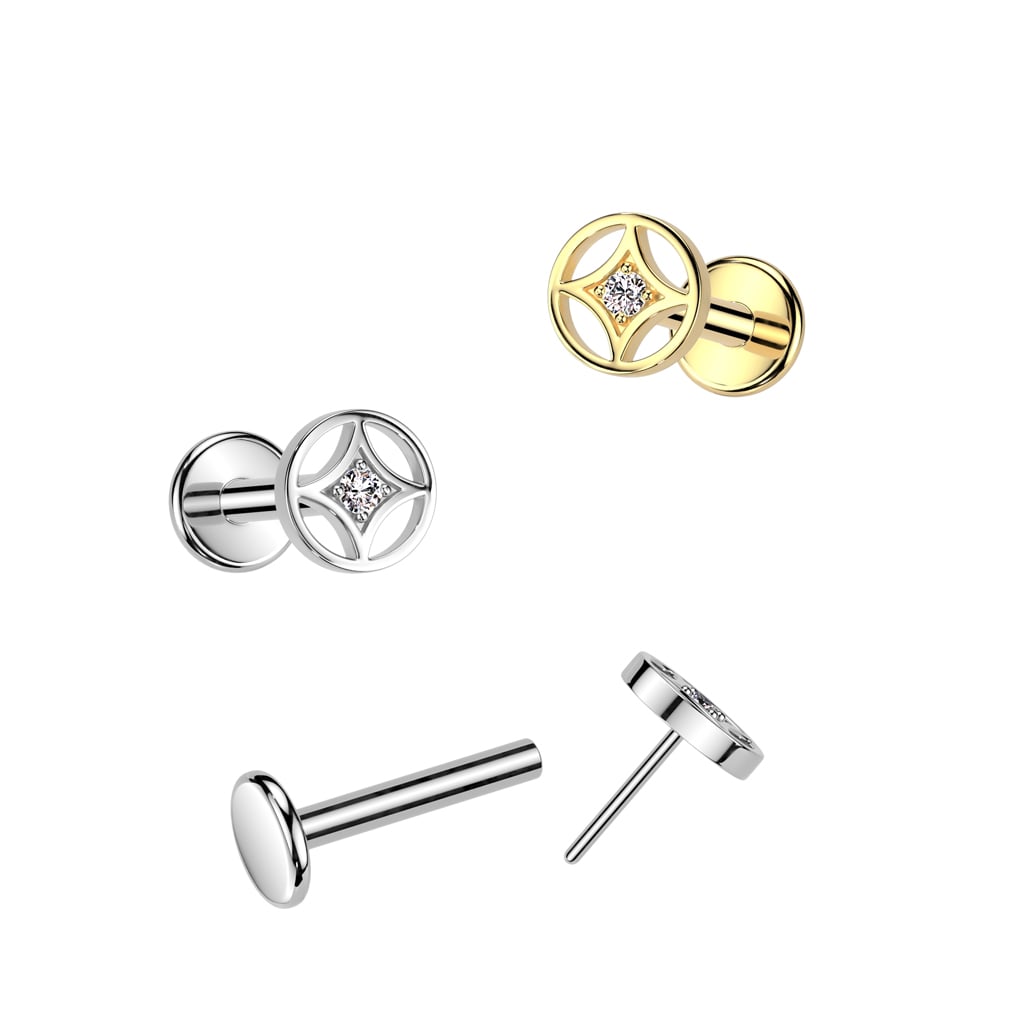 Surgical Steel Threadless Push In Flat Back Stud With 4 Point Star and Round CZ Center Top (ILC15)