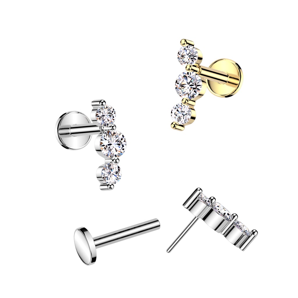 Surgical Steel Threadless Push In Flat Back Stud With Triple CZ Top (ILC17)