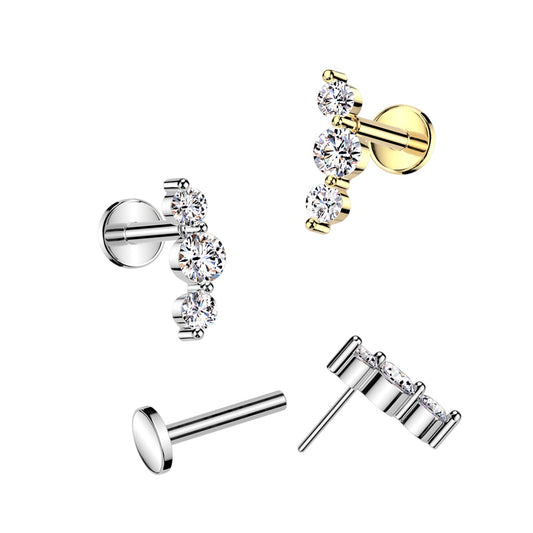 Surgical Steel Threadless Push In Flat Back Stud With Triple CZ Top (ILC17)