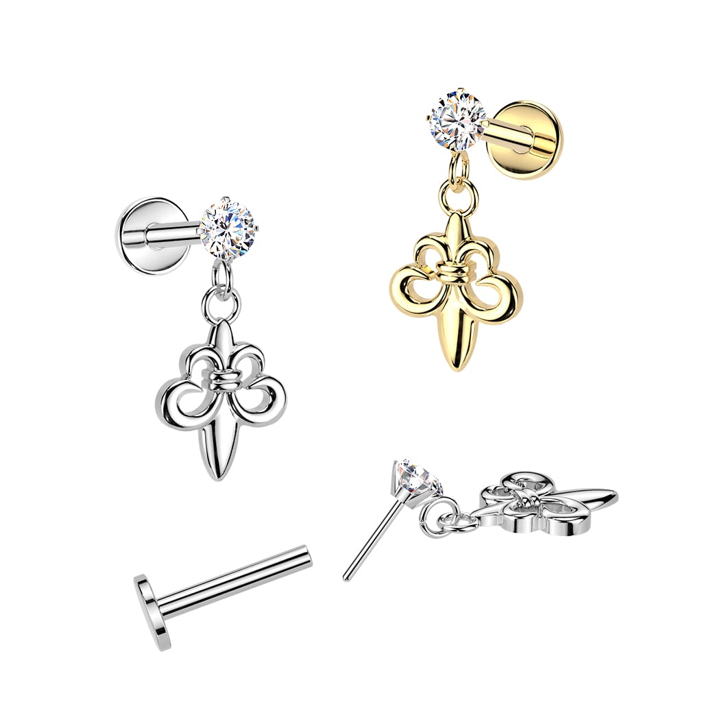 Threadless Push In Flat Back Labret With Prong Set CZ & Fleur De Lis Dangle (ILC27)