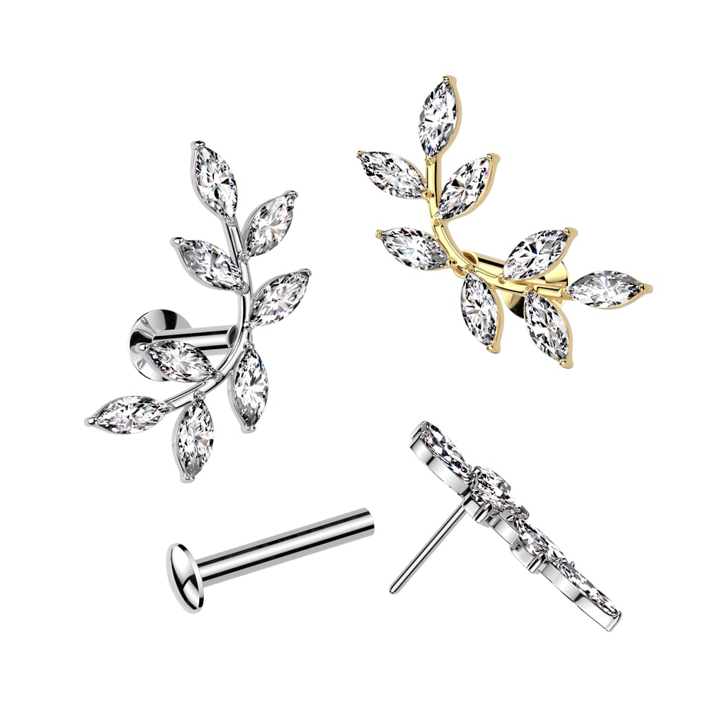 Surgical Steel Threadless Push In Flat Back Stud With Convex Back and 8 Marquise CZ Vine Top (ILQ08)