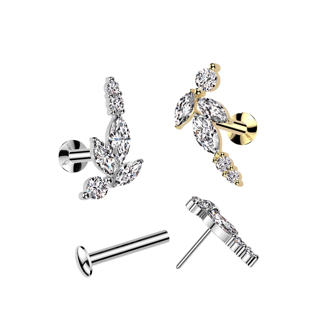 Surgical Steel Threadless Push In Flat Back Stud With Convex Back and Marquise CZ Vine and Round CZ Ends Top (ILQ09)