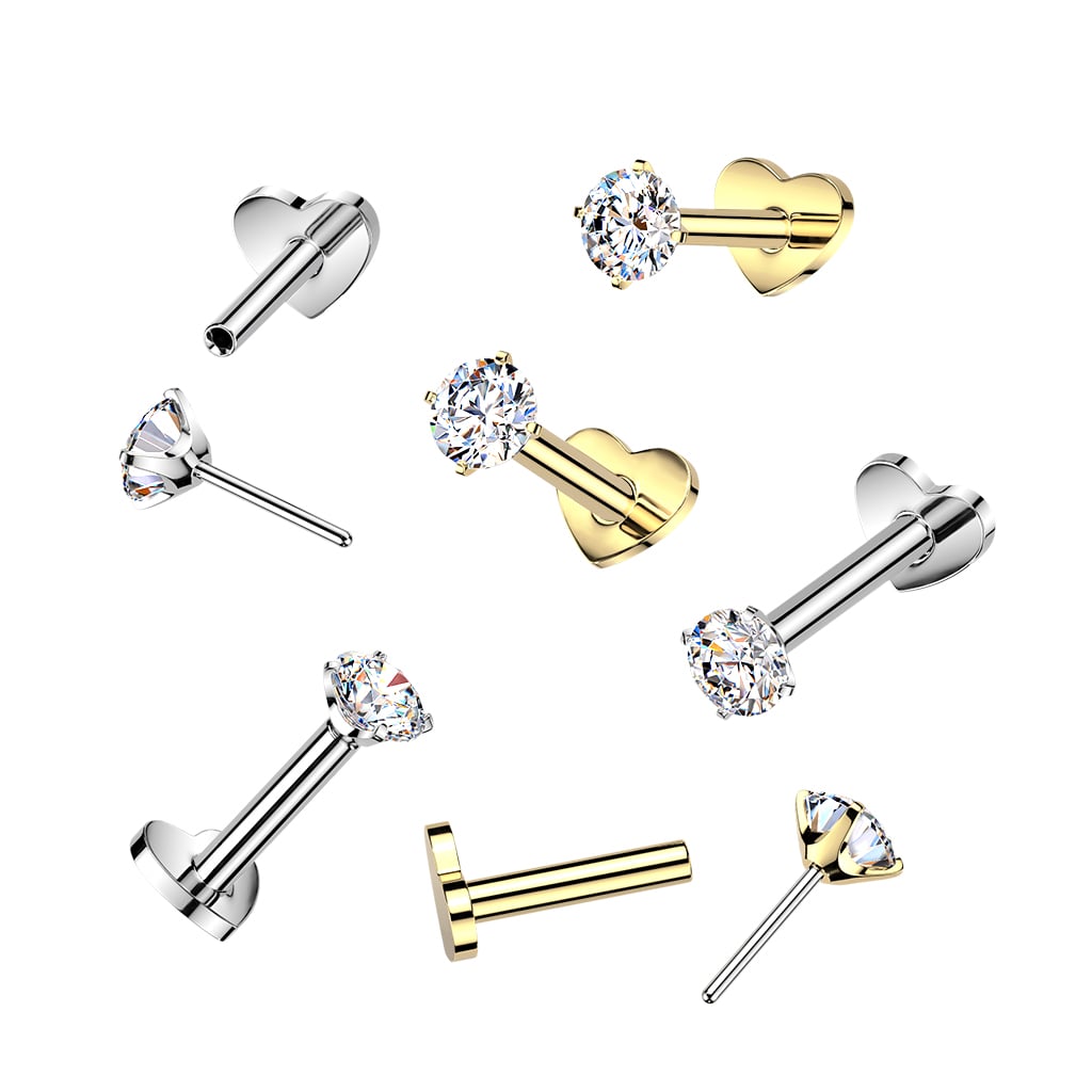 Titanium Threadless Push In Heart Base Flat Back Stud With Prong Set CZ Top (ITLH08)