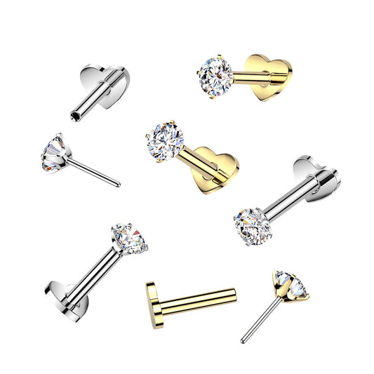 Titanium Threadless Push In Heart Base Flat Back Stud With Prong Set CZ Top (ITLH08)